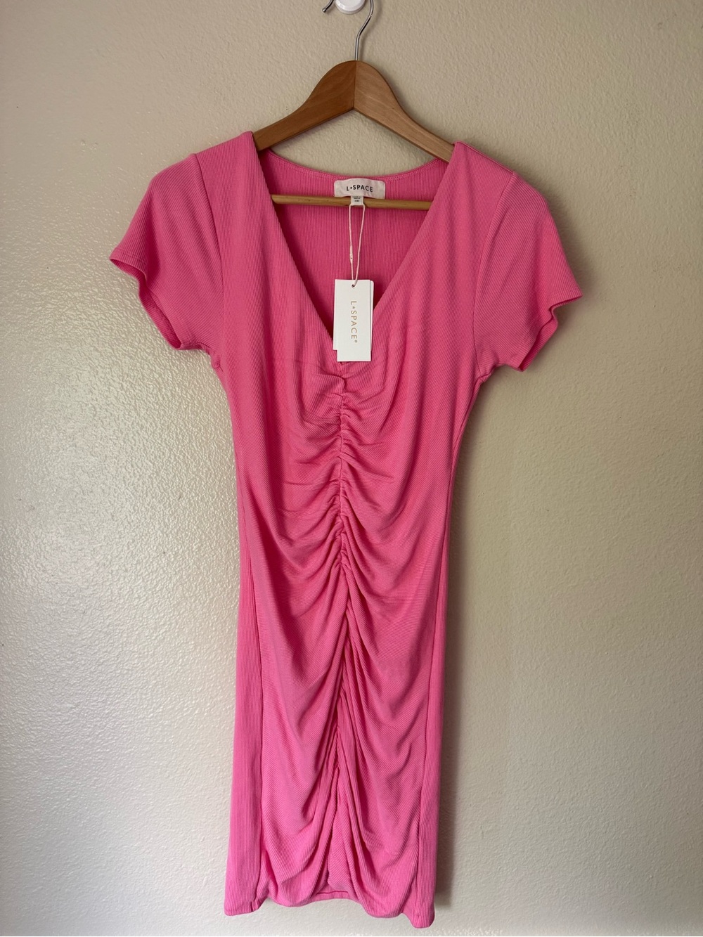 l*space Hot Pink Ruched V-Neck Short Sleeve Dress